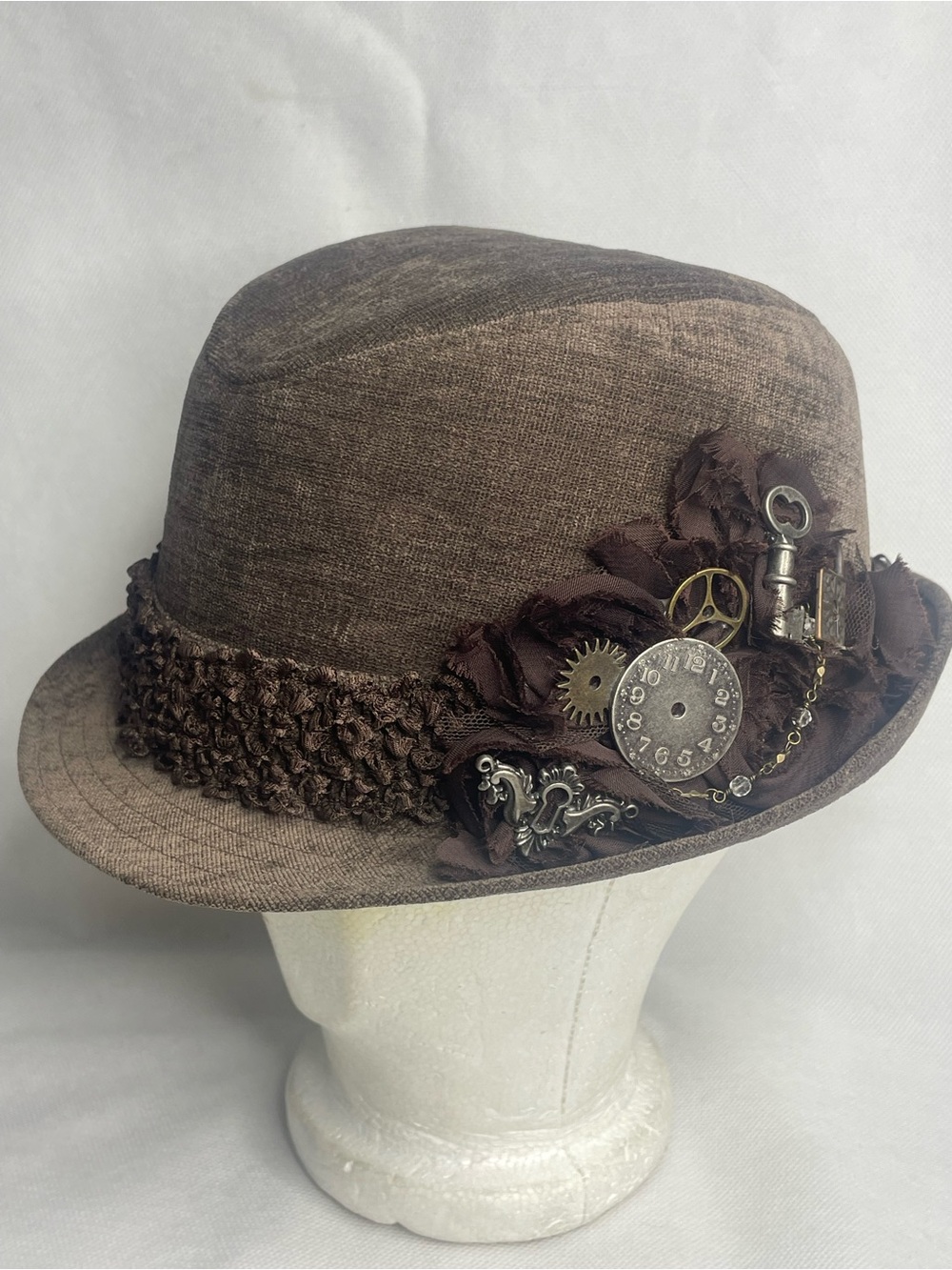 Toppers Original Venetian Steampunk Fedora Cap Deluxe Brown Gear Keys Chain Hat